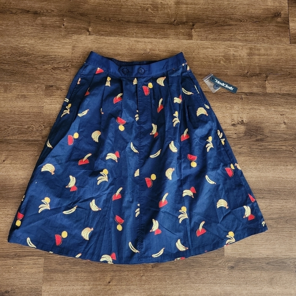 ModCloth Working for the Weekend Blue Skirt with Banana and Red Fruit Print
